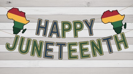 Happy Juneteenth Celebration Banner with Africa Map and Pan-African Colors on White Wood Background