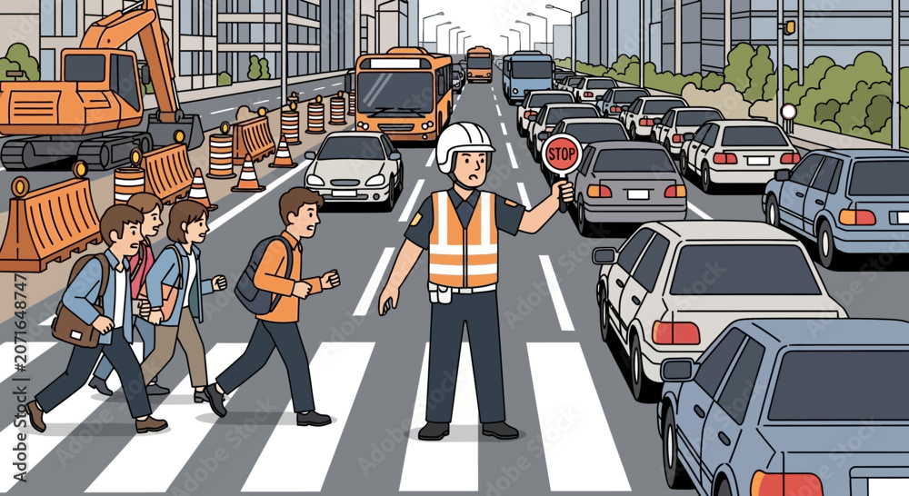Obraz premium Traffic Jam During Road Construction: Pedestrians Cross Street with Safety Officer