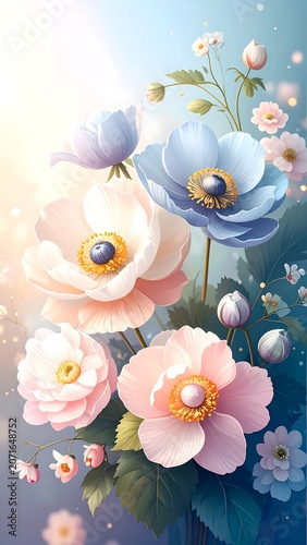 Colorful cupcakes with floral decorations on blue background.