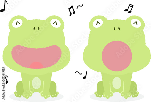 Cute green frogs singing with musical notes illustration