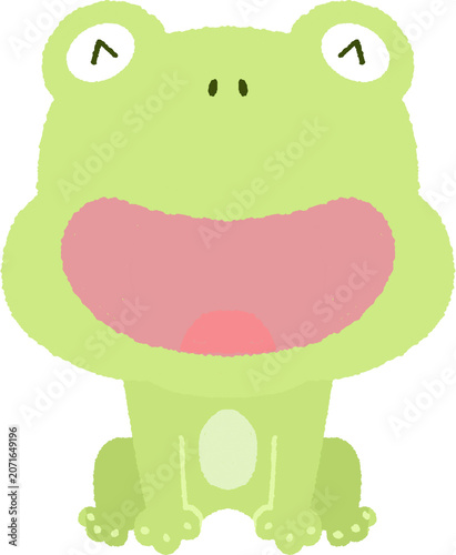 Cute green frog with wide open mouth singing illustration