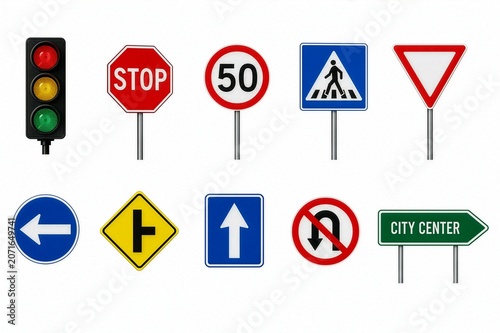 Collection of Standard Road Signs and Traffic Light