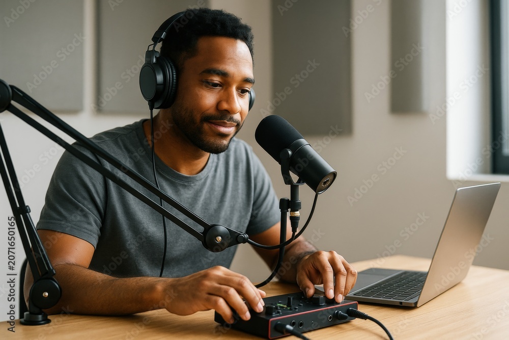 Fototapeta premium Man recording podcast with headphones and microphone in modern studio using laptop and audio mixer on light creative background setup. Ai generative