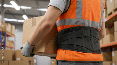 Worker wearing an ergonomic lumbar support belt for back protection in a warehouse