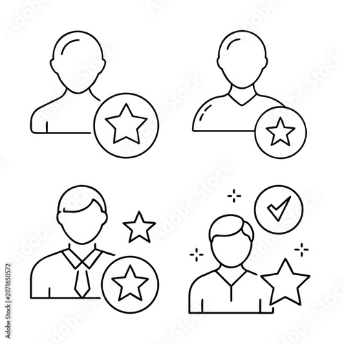 People icons with star and checkmark feedback - Four simple user icons showing positive feedback with stars and a checkmark in a clean style.