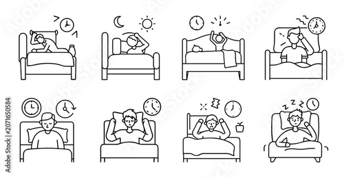 Illustrated sleeping and waking up process - Cartoon sequence showing a person sleeping, dreaming, and waking up with expressive faces and body language.