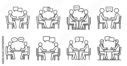 People chatting in modern office meeting rooms - Set of six stylized vector icons showing people engaged in conversation in contemporary office meeting spaces with sofas and tables.