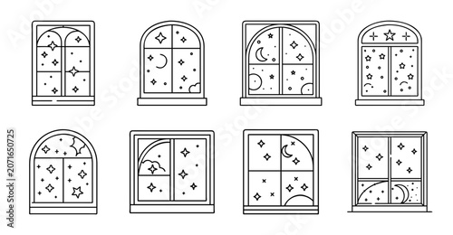Vintage window designs with decorative grid patterns - Collection of elegant windows featuring classic grid and decorative lattice designs in black and white vector style.
