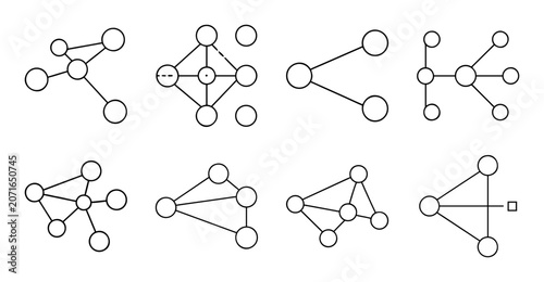 Simple abstract network graph diagrams set - Minimalist collection of interconnected nodes and lines representing various network graph structures and relationships.