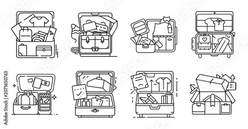 Flat icons of different vehicles and house types - Collection of simple flat icons showing cars, trucks, buses, and various house styles in a clean design.