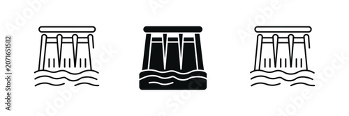 Photos Hydroelectric dam infrastructure icon set featuring multiple spillways, water management systems and renewable energy engineering symbols