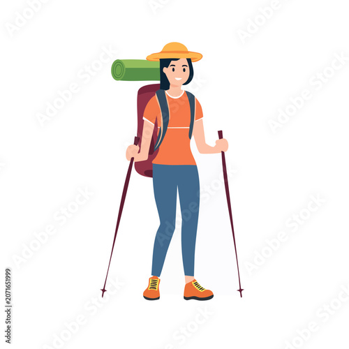 Flat illustration of a hiker with backpack and trekking poles
