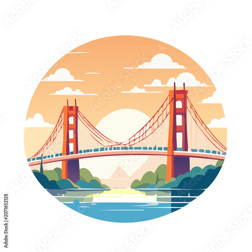 Flat illustration of a suspension bridge over water