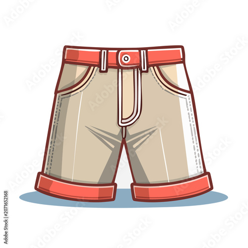 Flat illustration of beige shorts with red trim