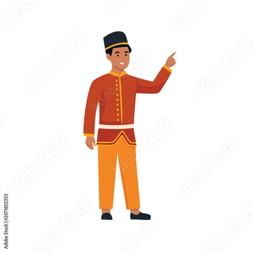 Man in traditional uniform pointing, flat vector illustration