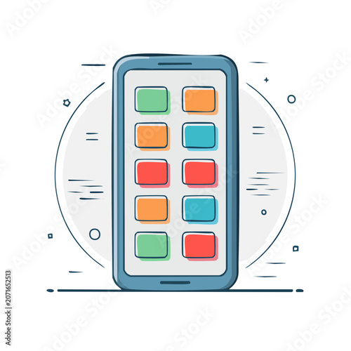 Smartphone with colorful app icons, flat vector illustration