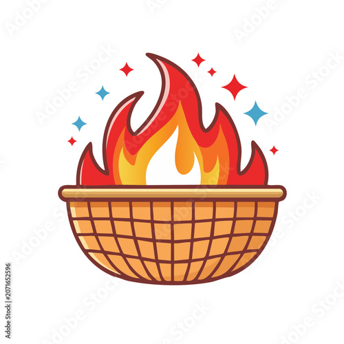 Woven basket with flames and sparks illustration