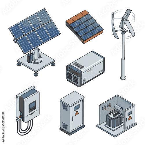 Set of isometric illustrations depicting various components of a solar and wind energy system, including solar panels, a wind turbine, inverters, and electrical boxes.