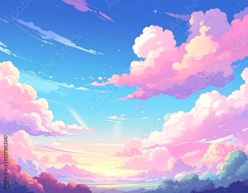 Sunrise over pastel, cloudy sky and trees