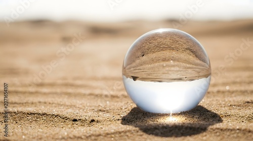 Transparent glass orb resting on dry desert sand inverting the arid landscape highlighting global warming and severe environmental desertification