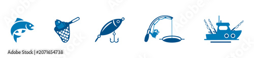 Foto Fishing and angling outline icon set with fish fishing rod lure boat and sport f