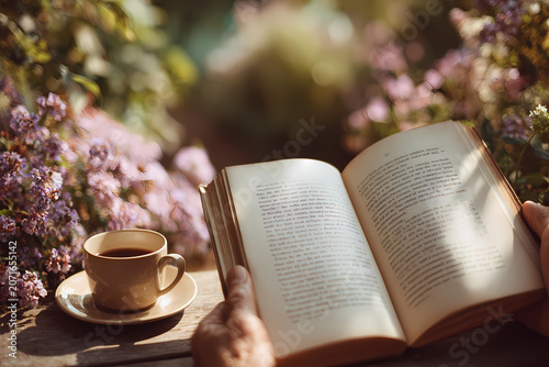 Person holding open book with cup of coffee in beautiful garden