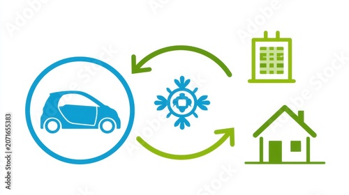 Infographic illustrates energy flow between an electric vehicle, power grid, and house using icons and arrows to show bidirectional connections.