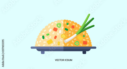 A colorful cartoon illustration of a plate of fried rice with scallions