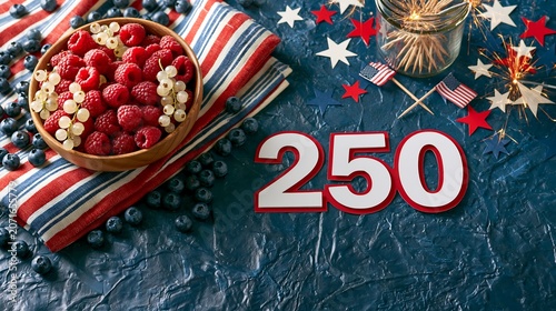 Independence day celebration concept with raspberries, blueberries, and sparklers
