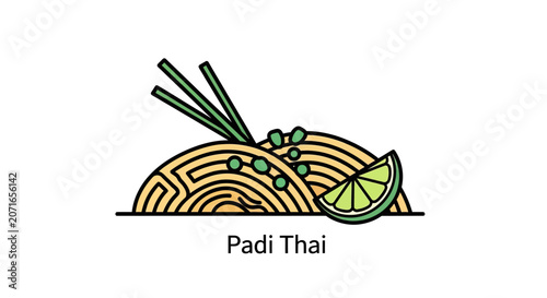 Obraz na plátně Simple graphic of noodles with lime, peas, and chopsticks above text