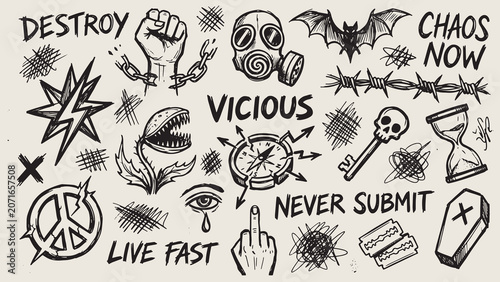 Tableau sur toile Punk rebellion sketches with anarchist slogans and chaotic symbols on light back