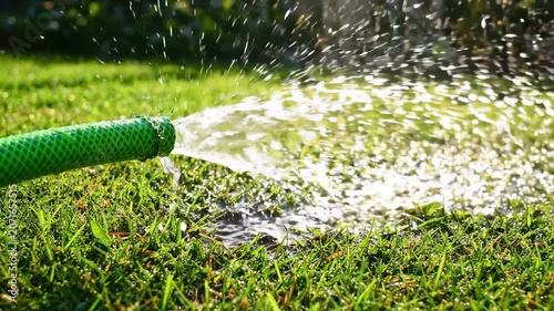 Water sprays energetically from a green garden hose, creating a shimmering curtain over vibrant green grass. Sunlight dances on droplets, enhancing the joyful spirit of summer and nature's beauty.