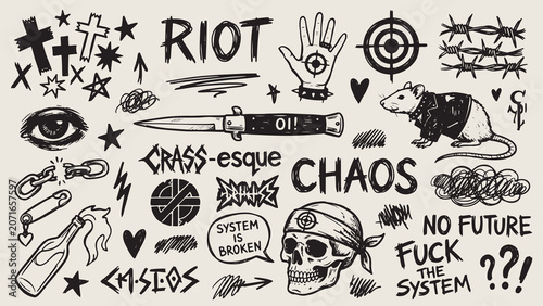 Obraz na plátně Punk anarchist doodles with rebellious slogans and chaotic symbols on light back