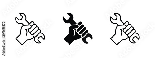 Hand holding wrench icon set representing manual labor, repair services, maintenance work and technical empowerment concepts.