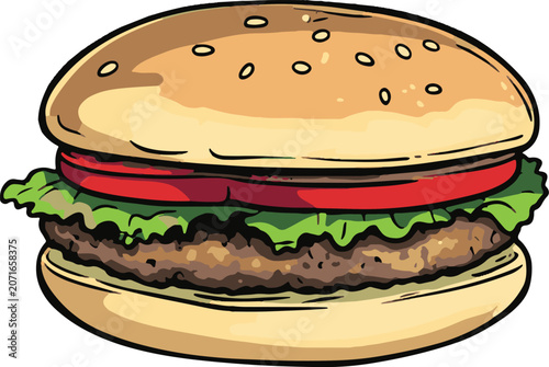 Photos Classic cheeseburger illustration with all the fixings - juicy patty, fresh lettuce, ripe tomato, and toasted bun