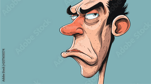 Foto A close-up cartoon illustration depicts a man with exaggerated features, a furrowed brow, and a grumpy expression, conveying a strong sense of displeasure or skepticism