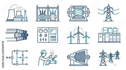 Collection of electrical power industry icons and symbols.