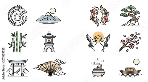 Collection of Japanese Cultural Icons and Symbols.