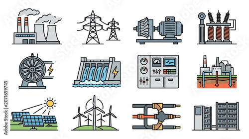 Collection of Industrial Energy Production and Distribution Icons.