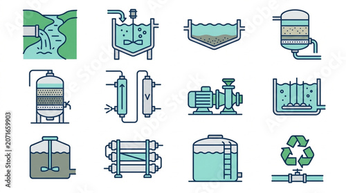 Water treatment plant equipment and symbols vector illustration.
