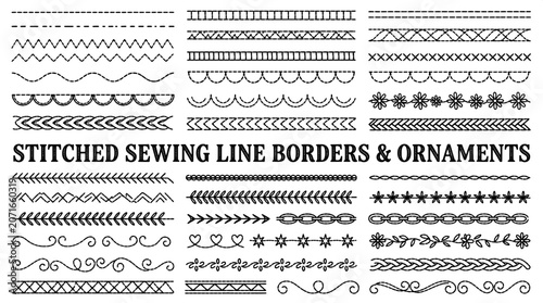Photos Stitched sewing line borders and textile ornaments collection with stitched orna
