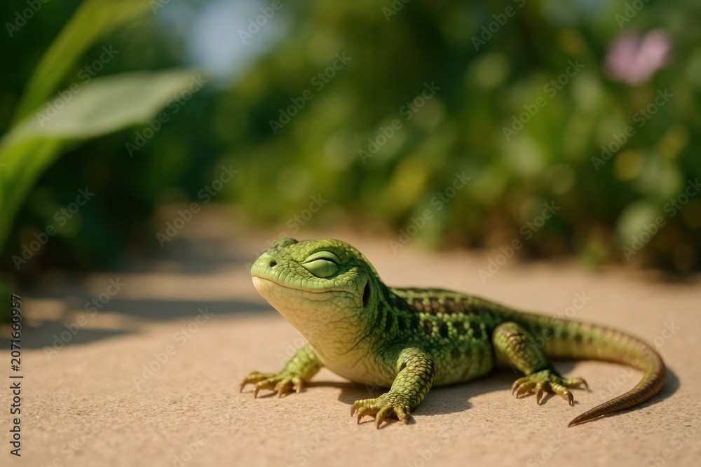Fototapeta premium Serene lizard basking sunlight