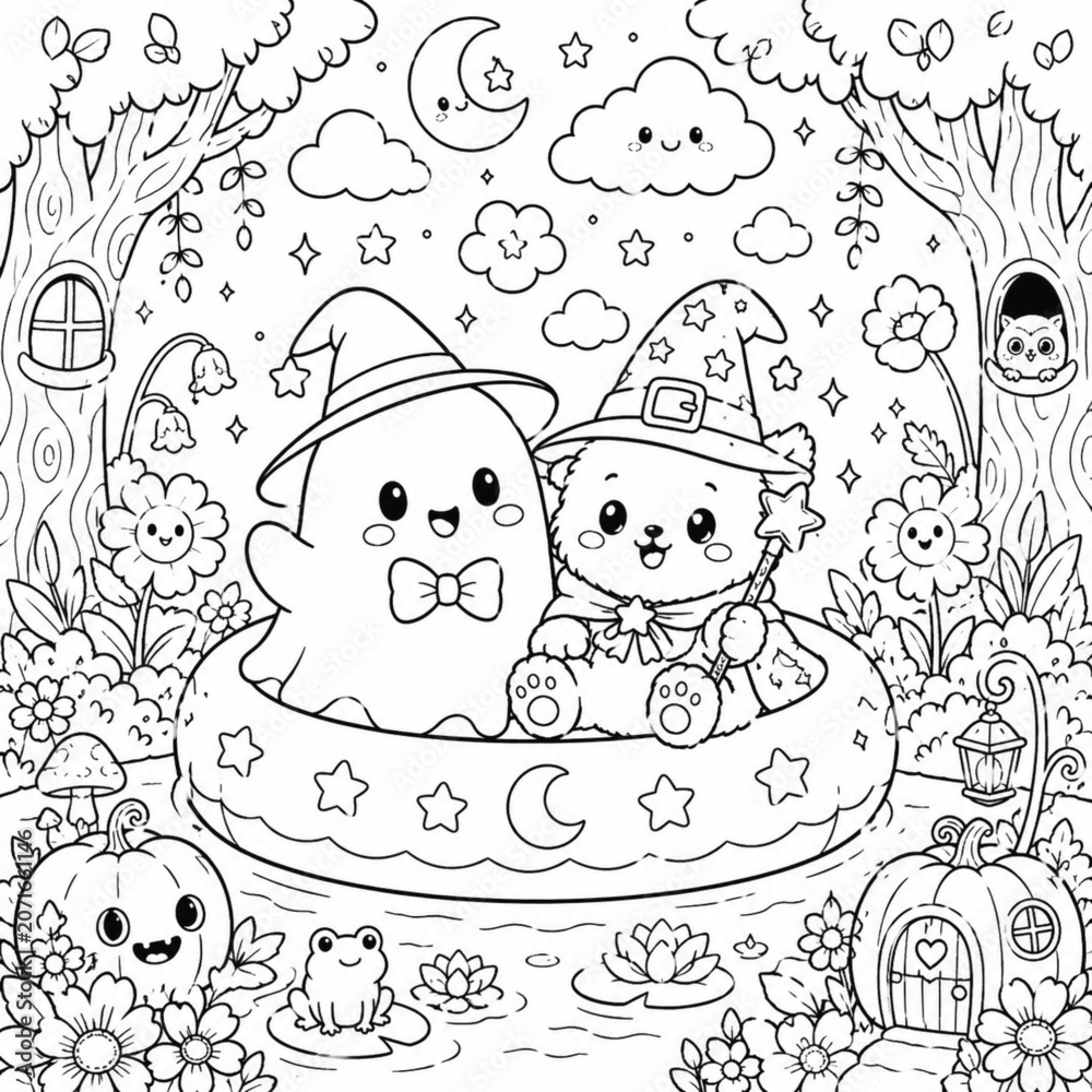Fototapeta premium Cute little ghost and adorable teddy bear wearing witch hats sitting together in a floating ring surrounded by water, flowers, and trees.
