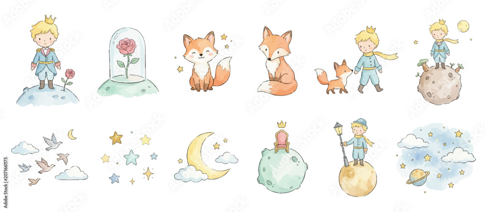 Fototapeta premium Cute little prince inspired watercolor collection with whimsical celestial elements. Collection of Vector illustrations for invitation, card, poster, banner, decoration 
