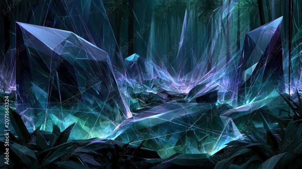 Naklejka premium Mystical crystal forest landscape with glowing neon light shards
