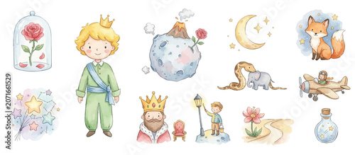 Foto Whimsical little prince watercolor collection with fantasy adventure and celestial motifs