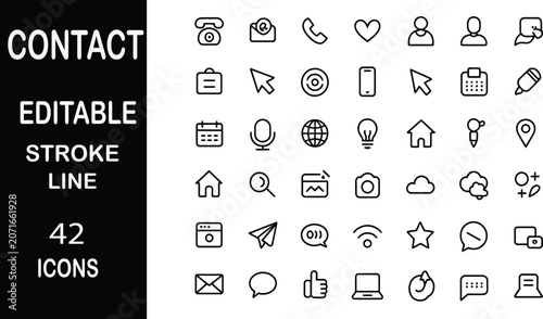 Contact Icons Set: A comprehensive collection of 42 editable stroke line icons representing various contact and communication methods, perfect for digital and print designs.