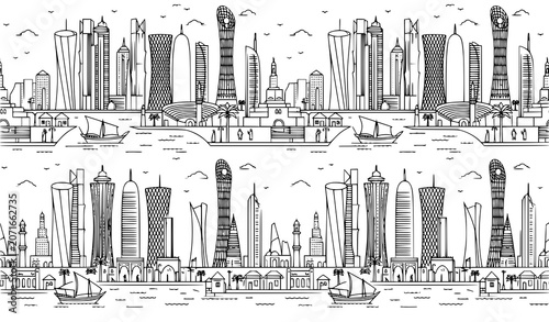 Tableau sur toile Seamless Pattern Vector Illustration of Doha Qatar Skyline Skyscrapers and Tradi