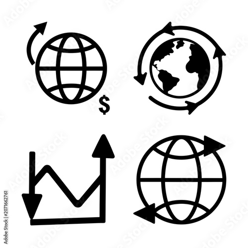 Global growth and upward trend icons set - Minimalist vector icons showing world growth, upward trend, and global connection concepts in black and white style.