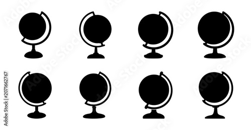 Set of eight black globe icons - Minimalist black globe icons arranged in two rows of four, perfect for maps, travel, or educational vector designs.